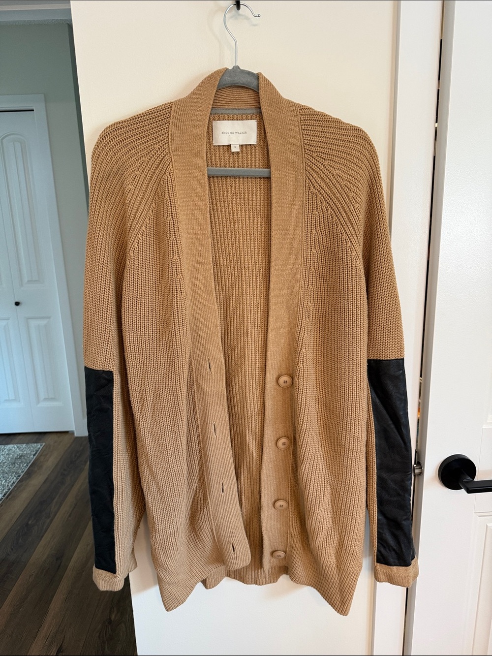 Brochu Walker camel cardigan with black sleeve panels